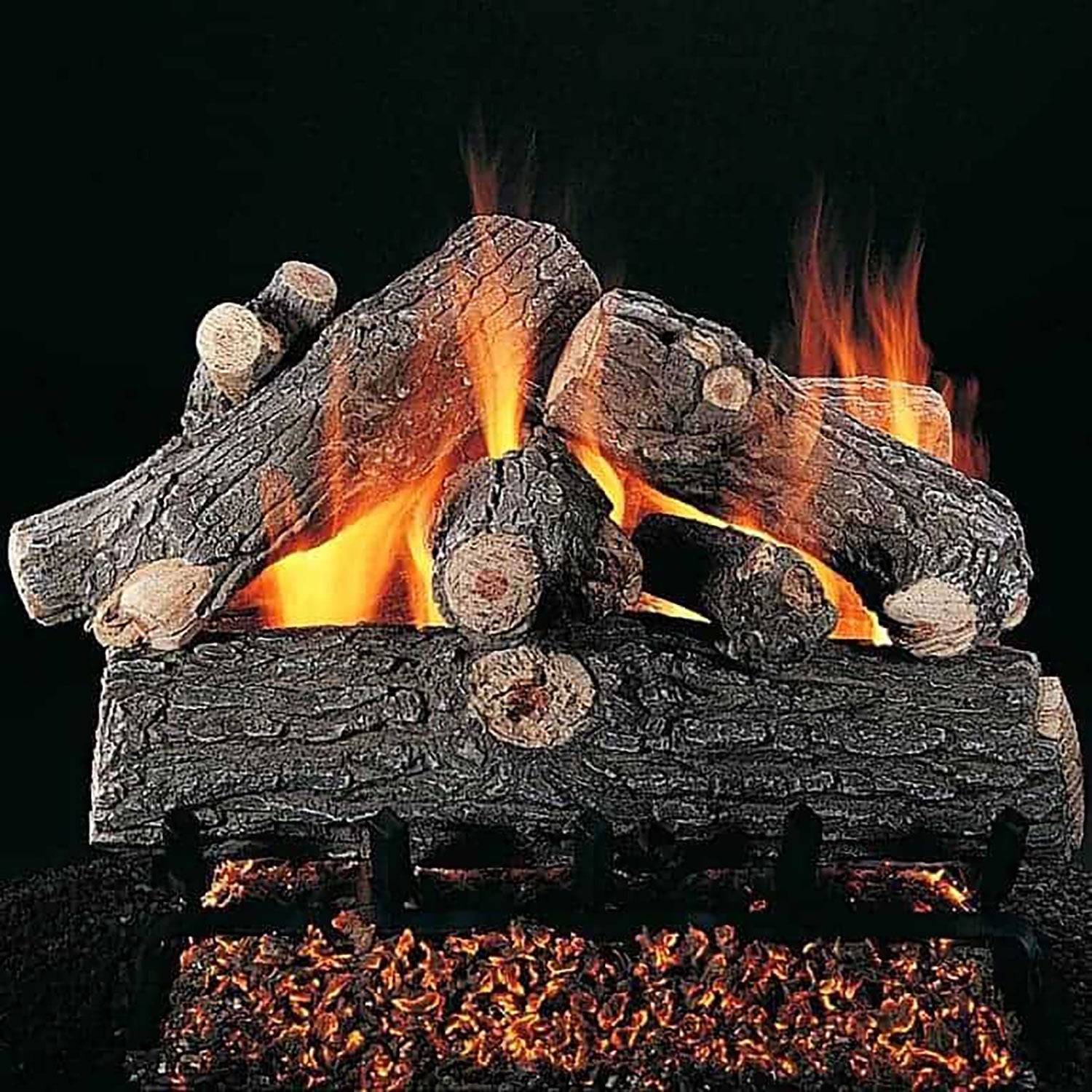 Charred oak gas logs with visible flames