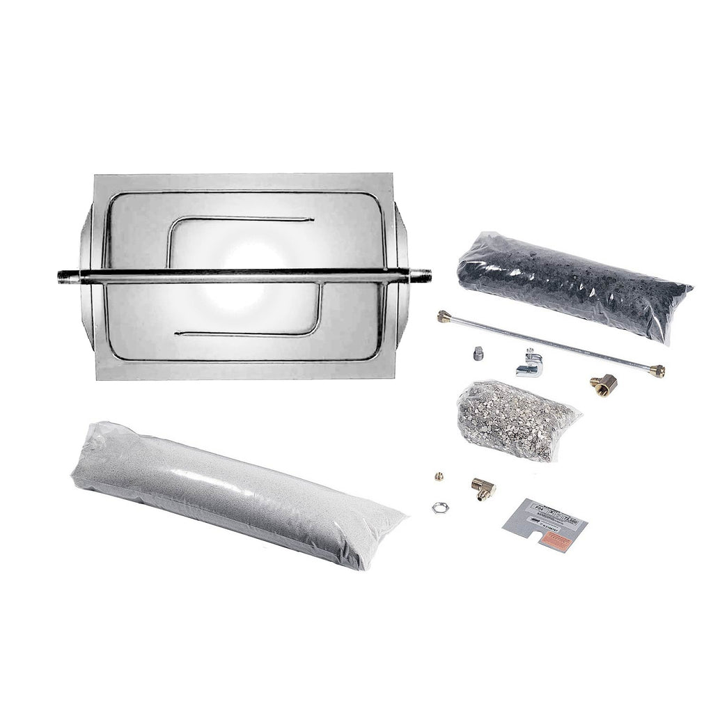 Stainless steel fireplace burner kit with cover panel, burner tubes, and hardware