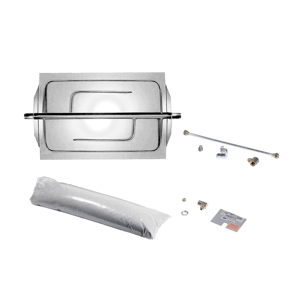 Stainless steel fireplace burner kit with cover, burner tube, and included connectors