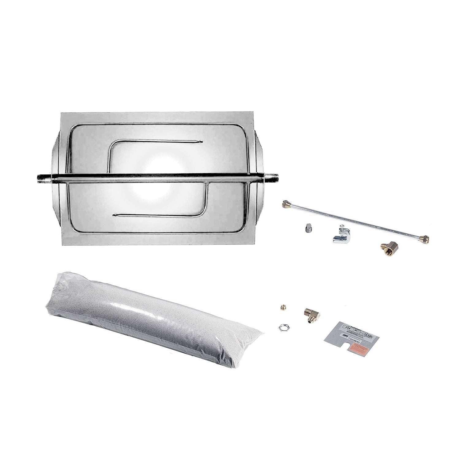 Stainless steel fireplace burner kit with cover, burner tube, and included connectors