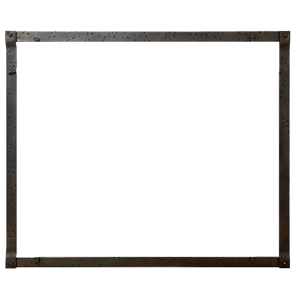 Forged iron fireplace frame with rectangular opening, distressed dark finish