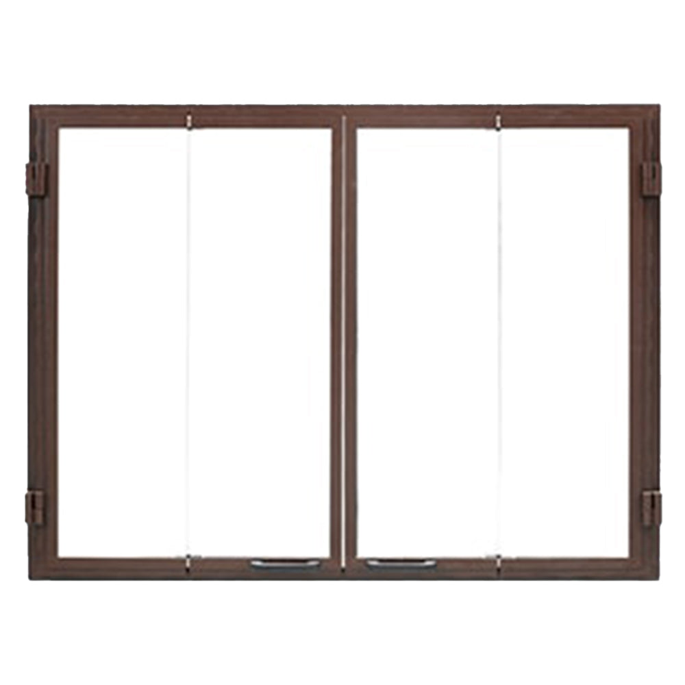 Bi-fold glass door with brown frame, two clear panels