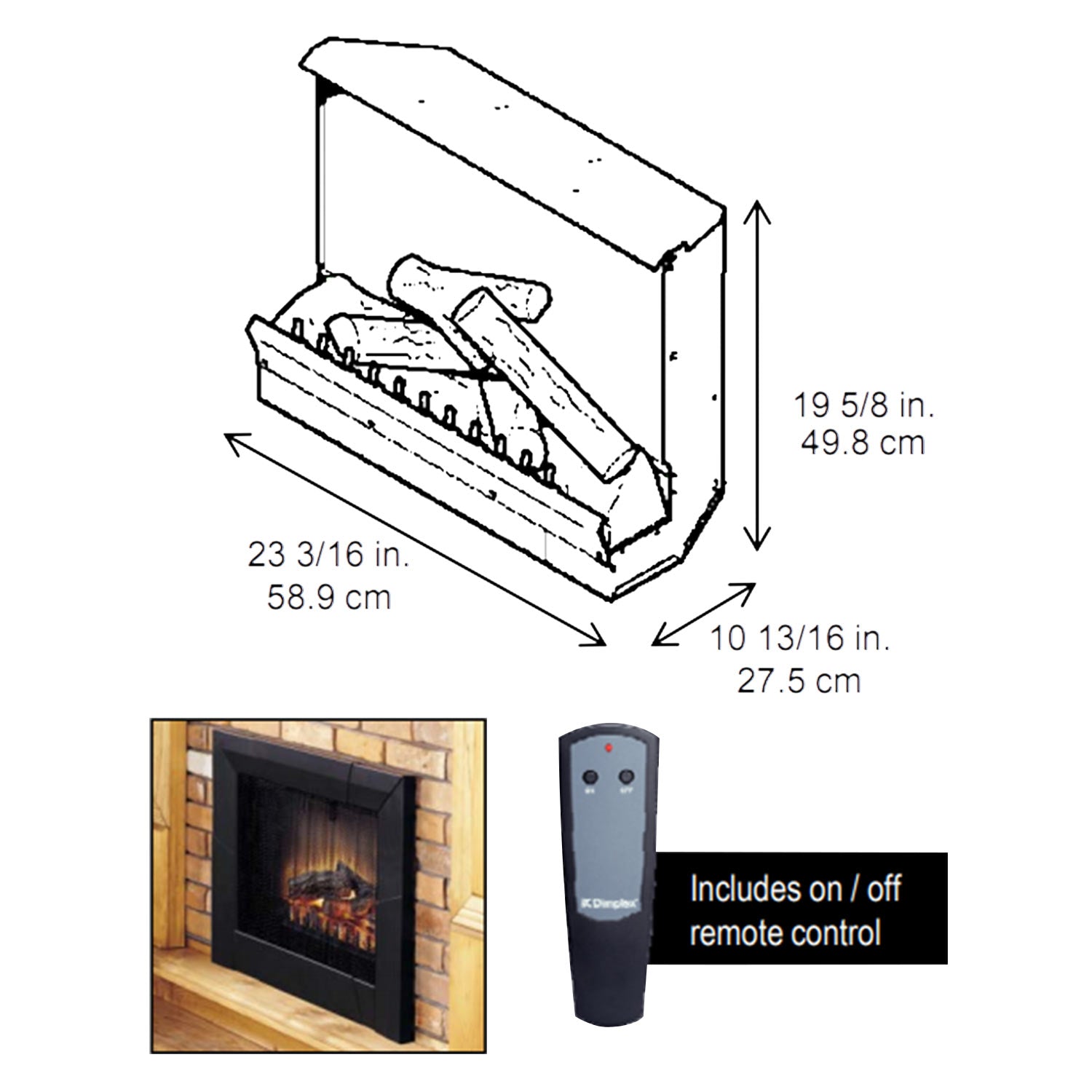 Electric fireplace insert dimensions diagram with included on/off remote control