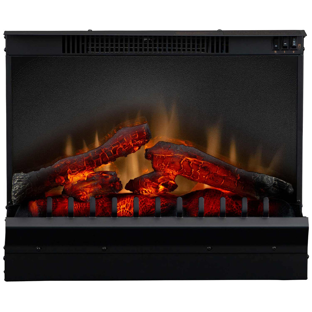 Electric fireplace insert showing realistic flame effect over dark logs, black trim