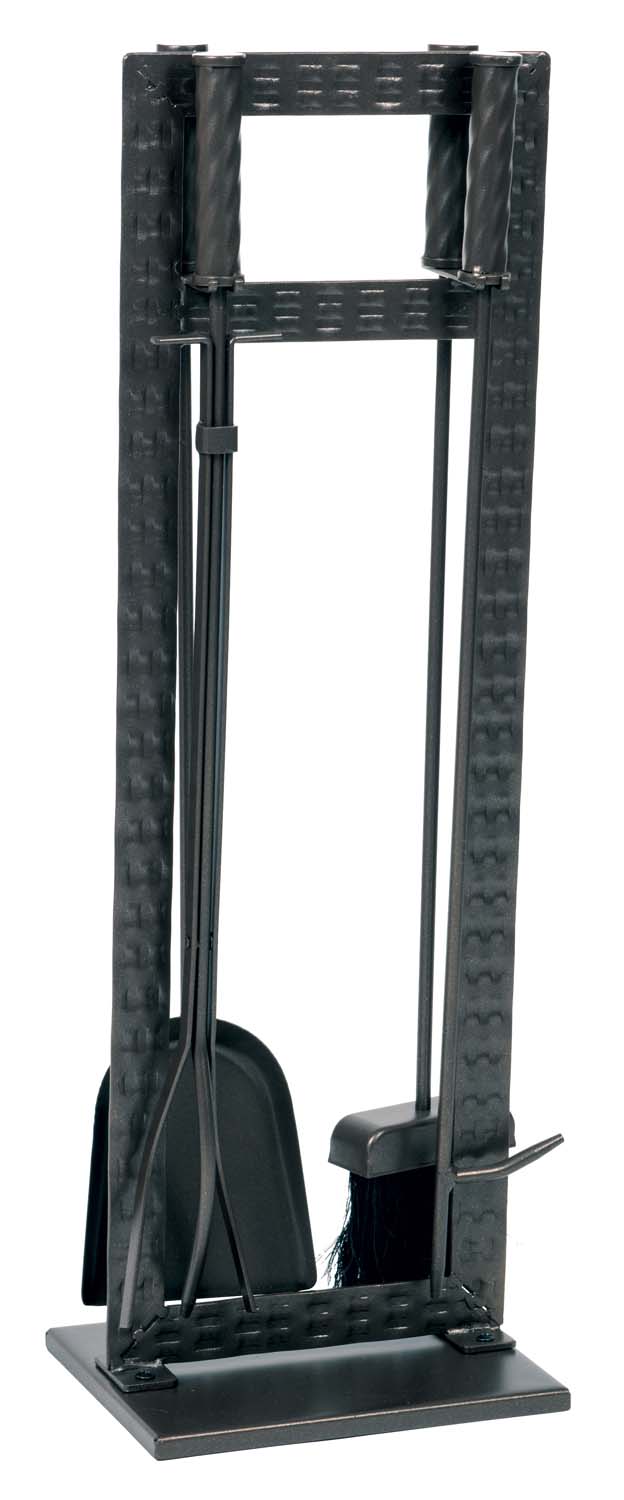 Black five-piece fireplace tool set with stand, shovel and poker