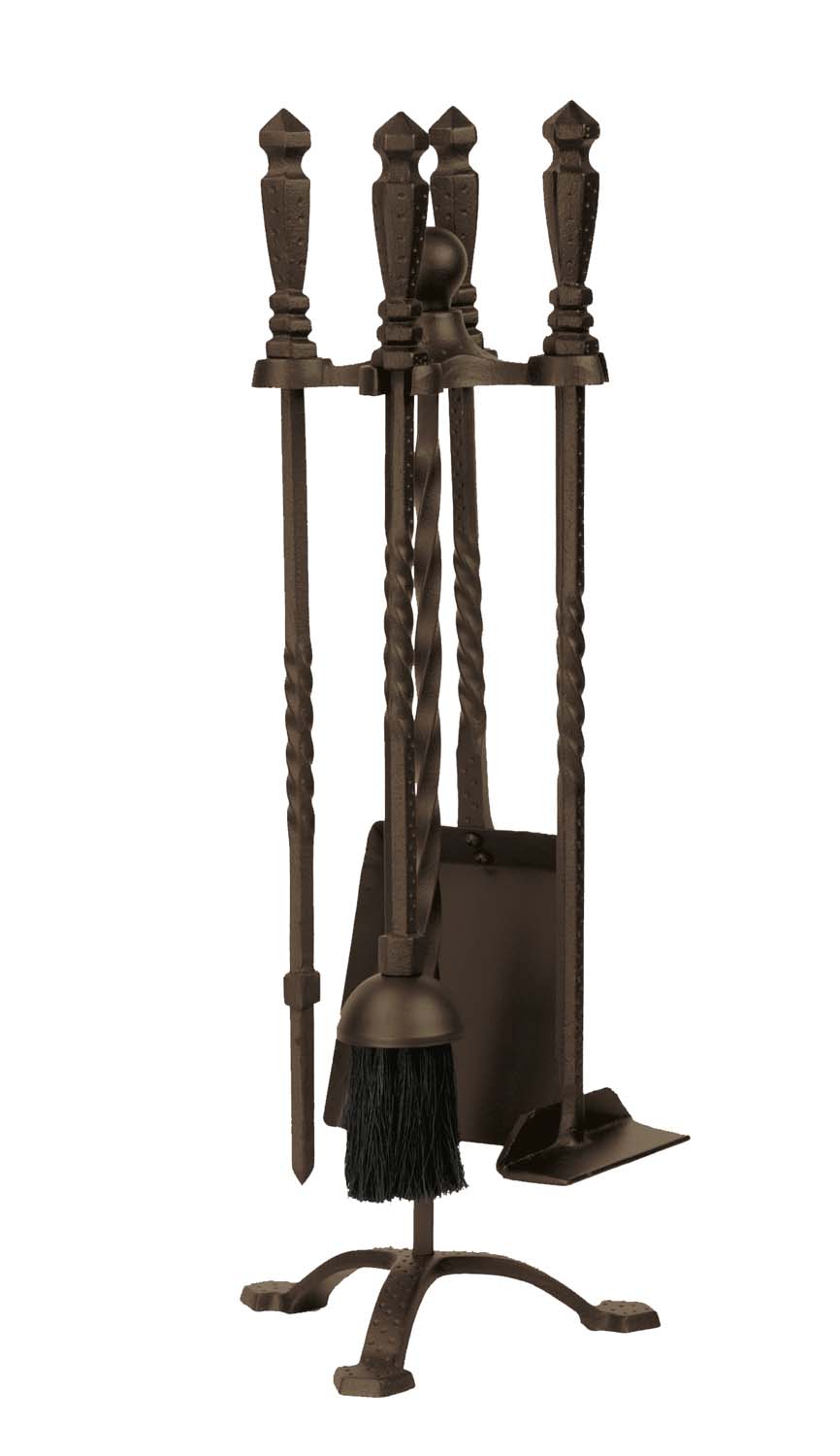 Bronze wrought iron fireplace tool set with stand, five tools including poker and shovel
