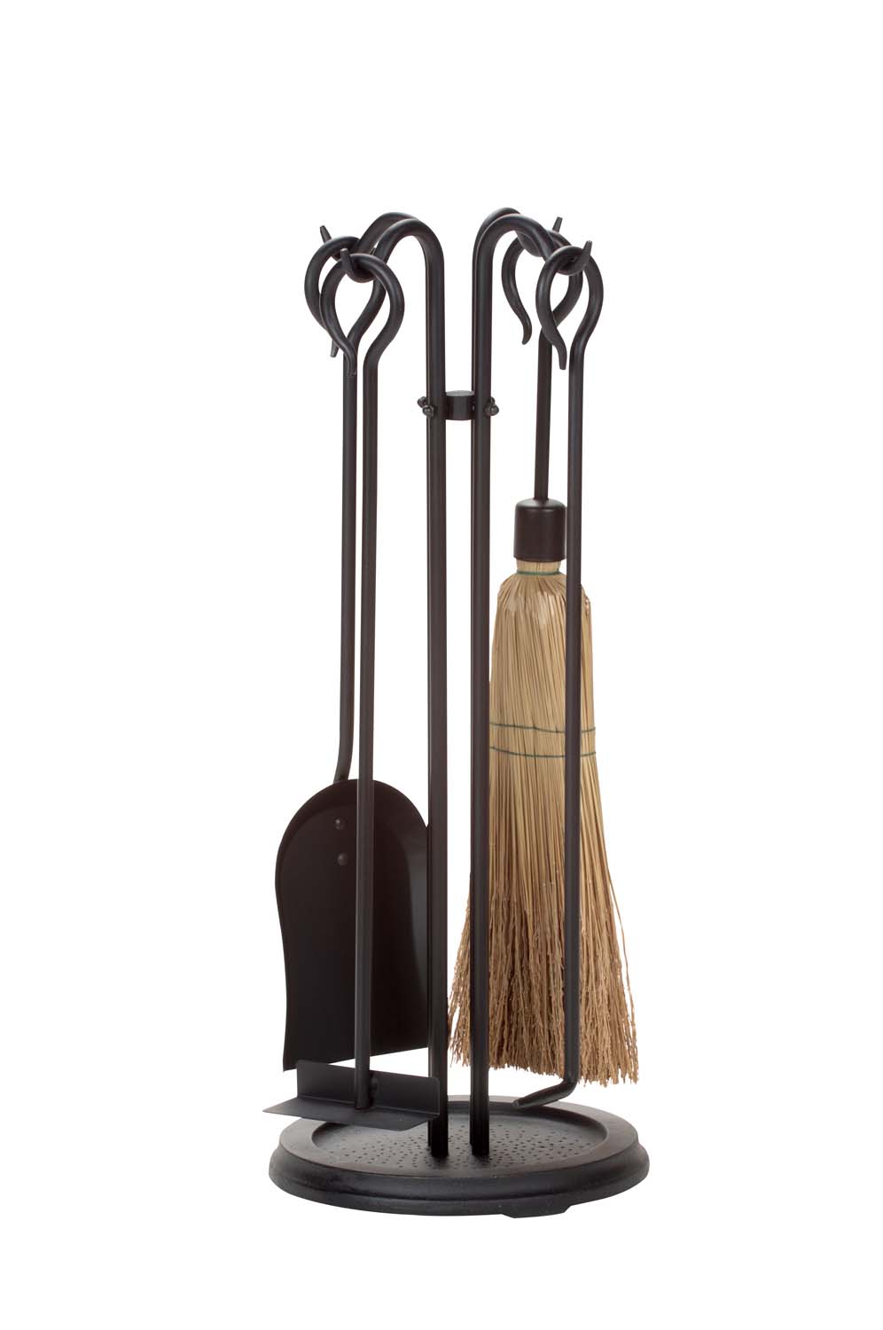 Black five-piece wrought iron fireplace tool set with stand and broom bristles