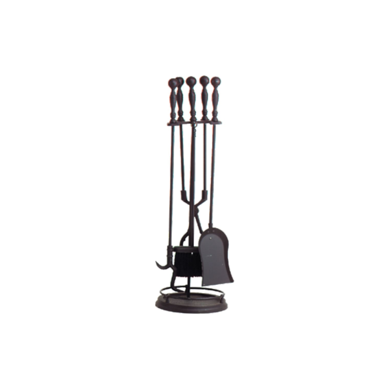 Black five-piece fireplace tool set with stand and shovel, poker, brush, tongs