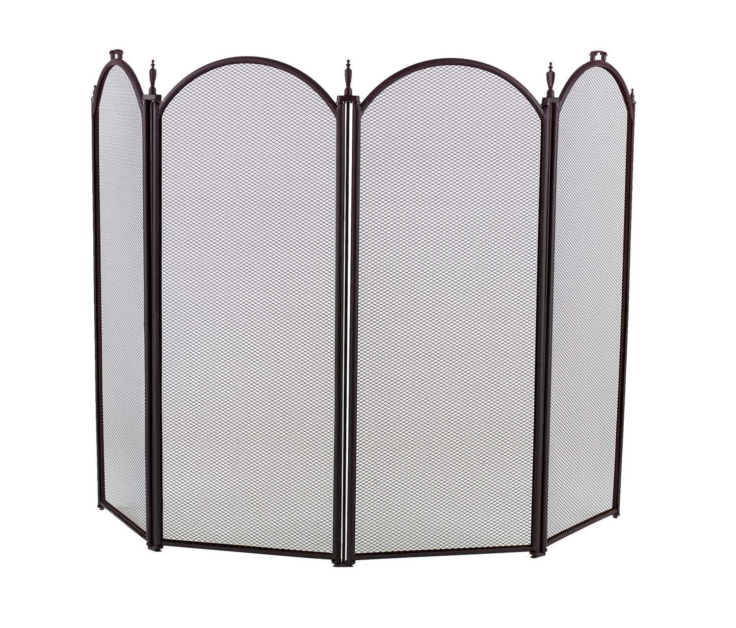 Four-fold arched fireplace screen with dark metal frame and mesh panels