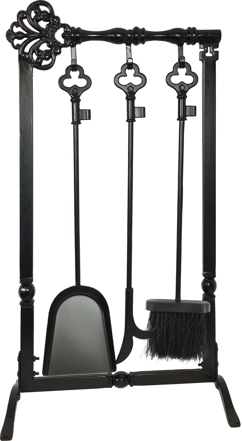 Black four-piece fireplace tool set with shovel, brush, poker and tongs on stand