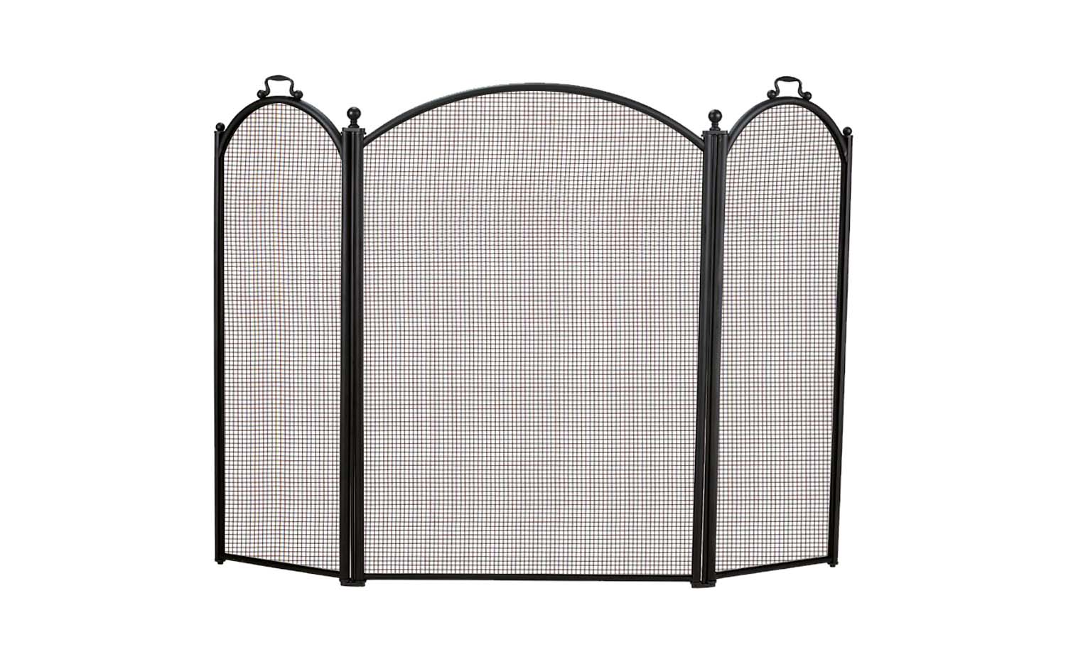 Three-fold arched fireplace screen with black metal frame and mesh panels