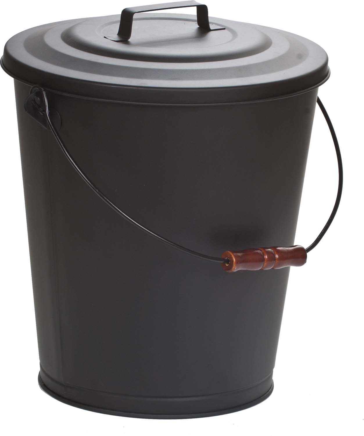 Black ash bucket with lid, carry handle, and side spigot