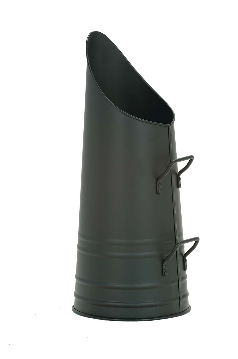 Black metal coal hod with wide mouth and two side handles for carrying.