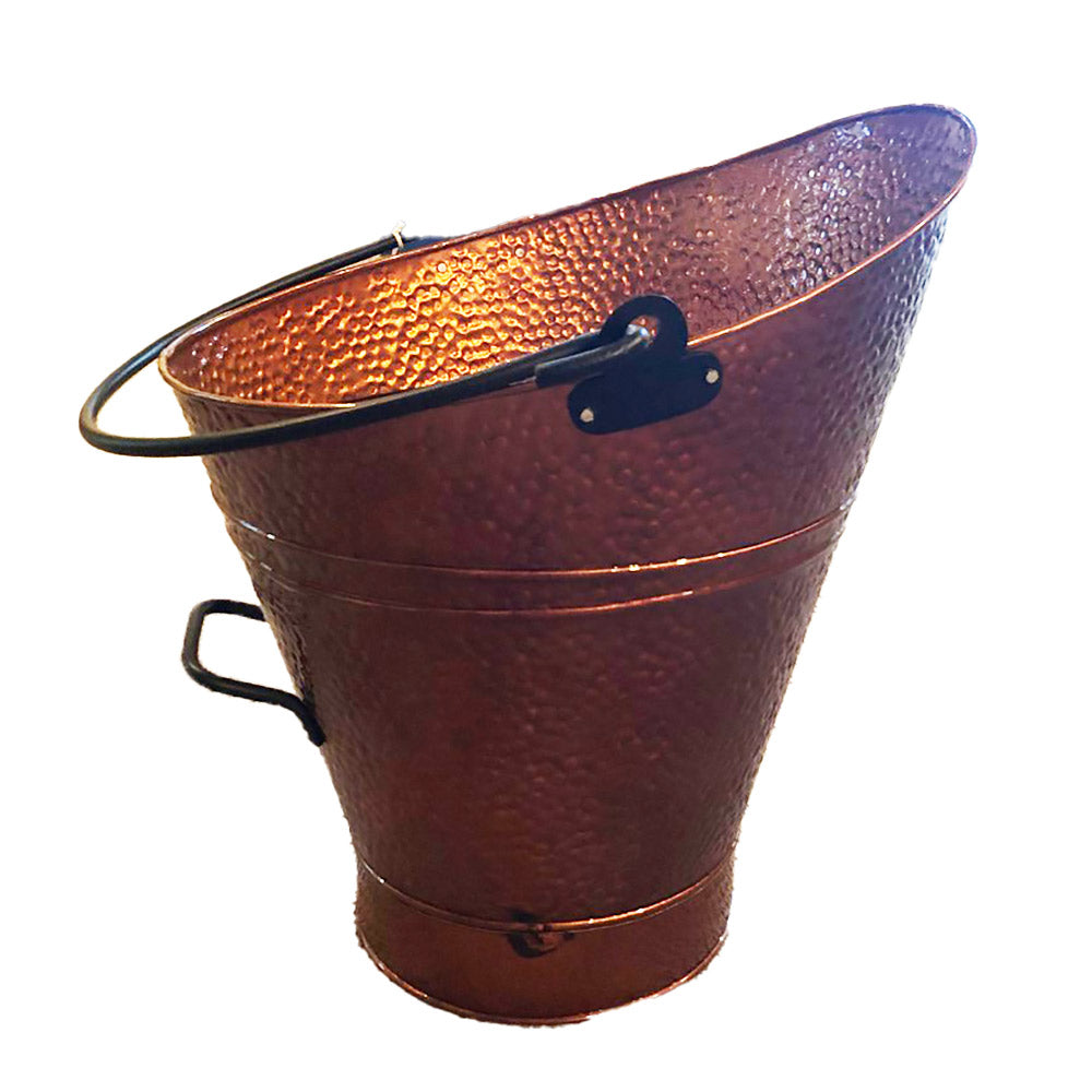 Copper coal hod with hammered metal finish, curved carry handles and front loop.