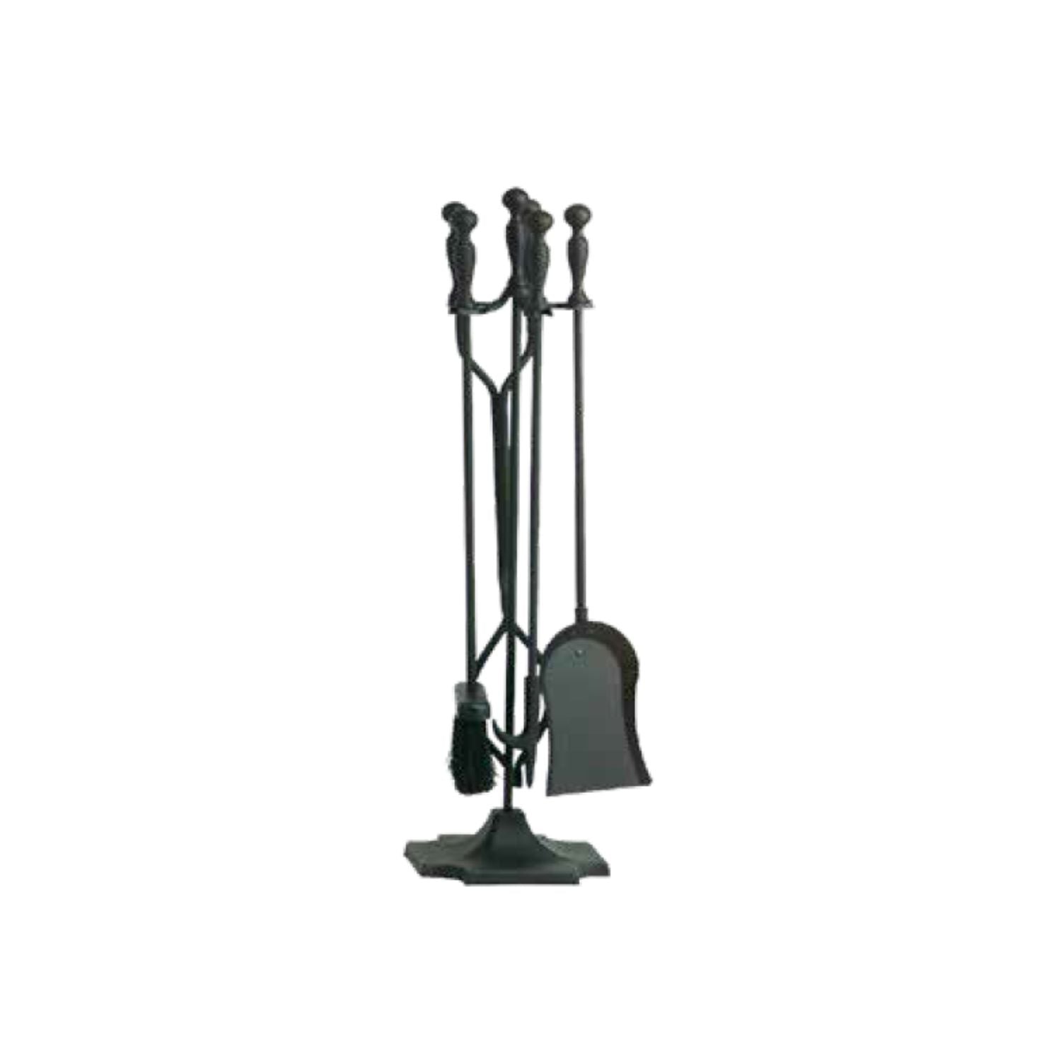 Black five-piece fireplace tool set with stand: shovel, poker, tongs, brush, and scoop