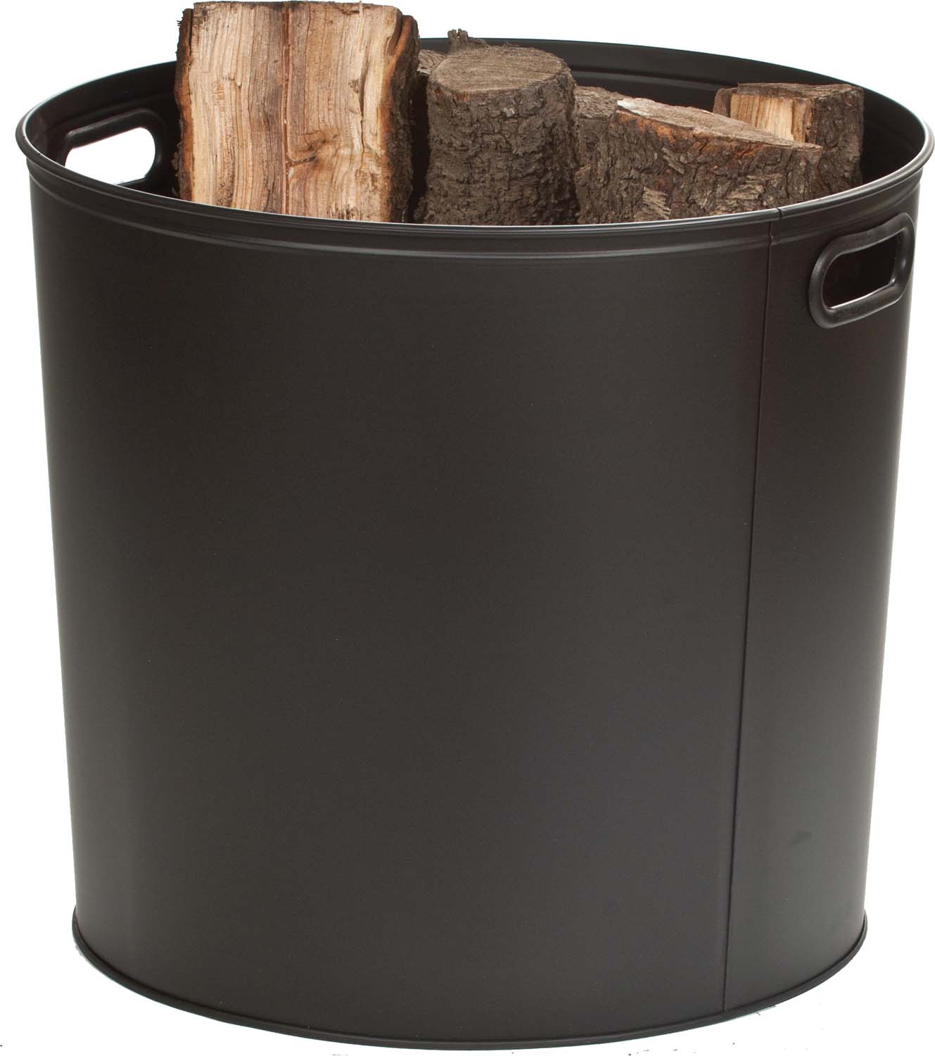 Black metal log bucket with carry handle, open top holding stacked firewood
