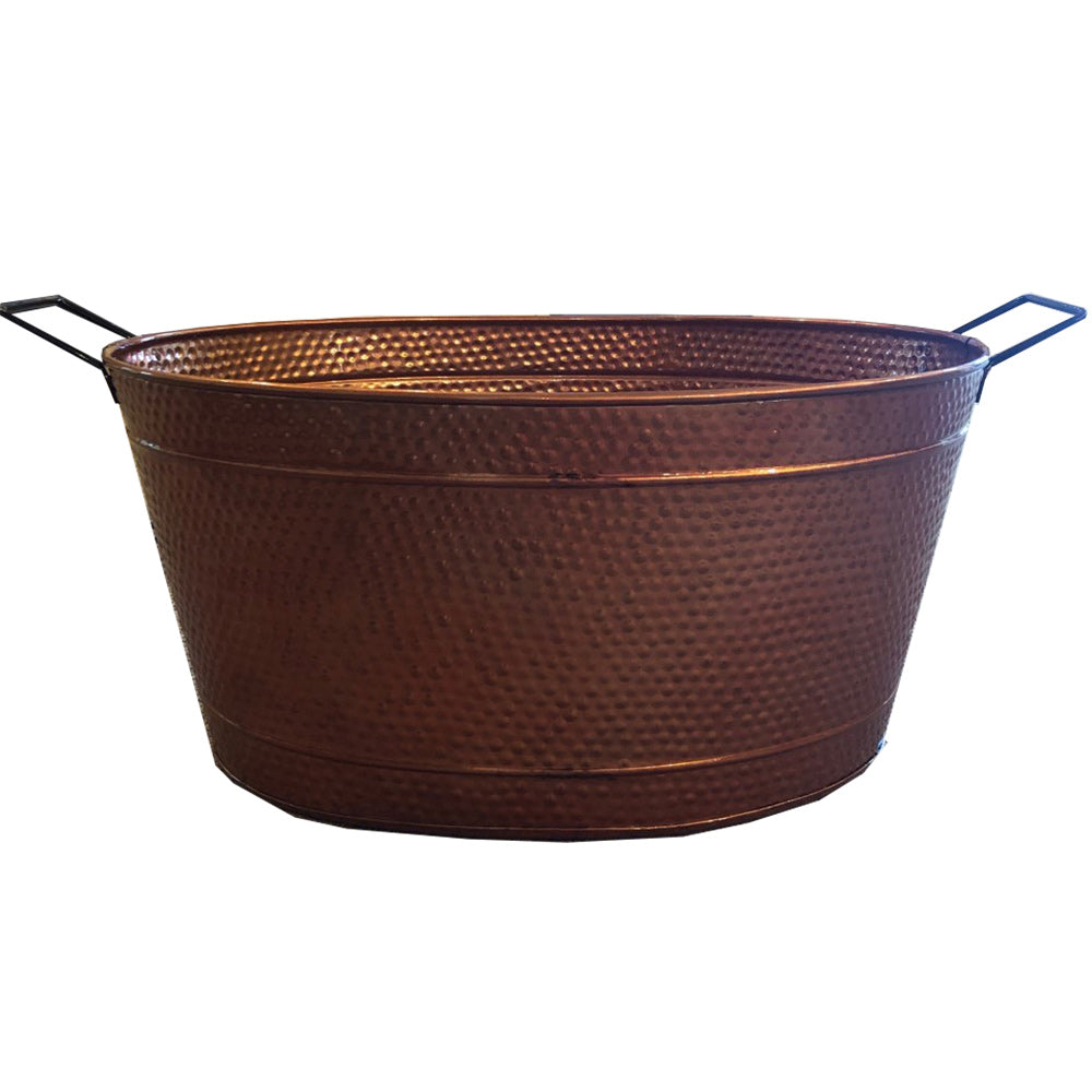 Hammered copper oval log bucket with two blue handles