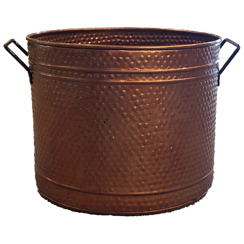Hammered copper log bucket with two side handles, round 13-inch size