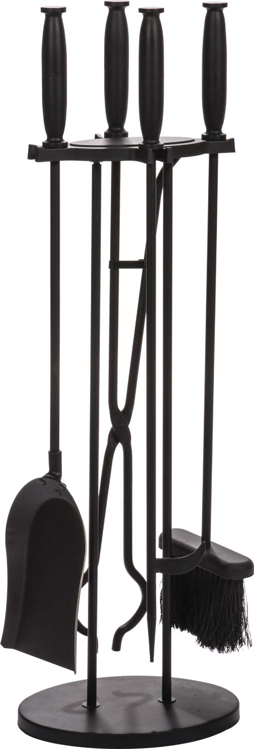 Black fireplace tool set with five tools on round stand
