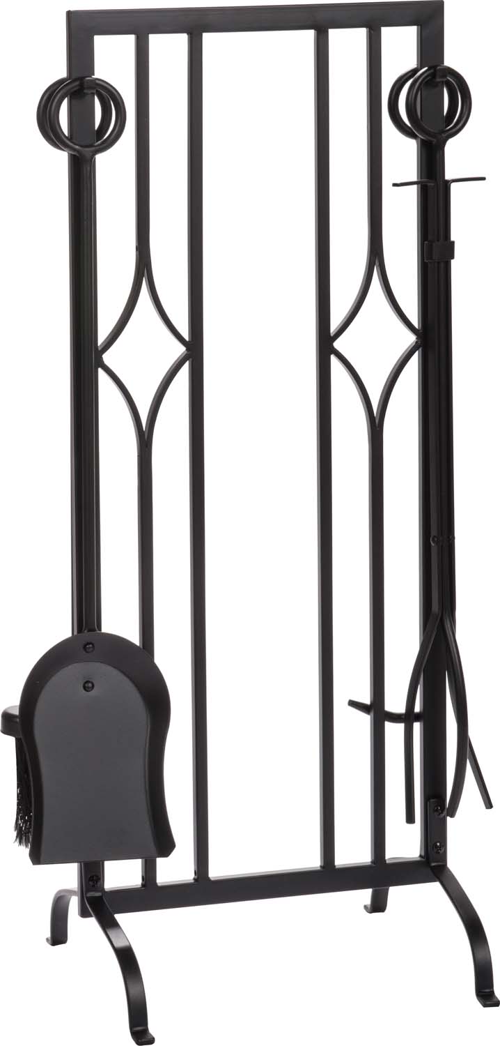 Black fireplace tool set on metal stand with decorative scrollwork