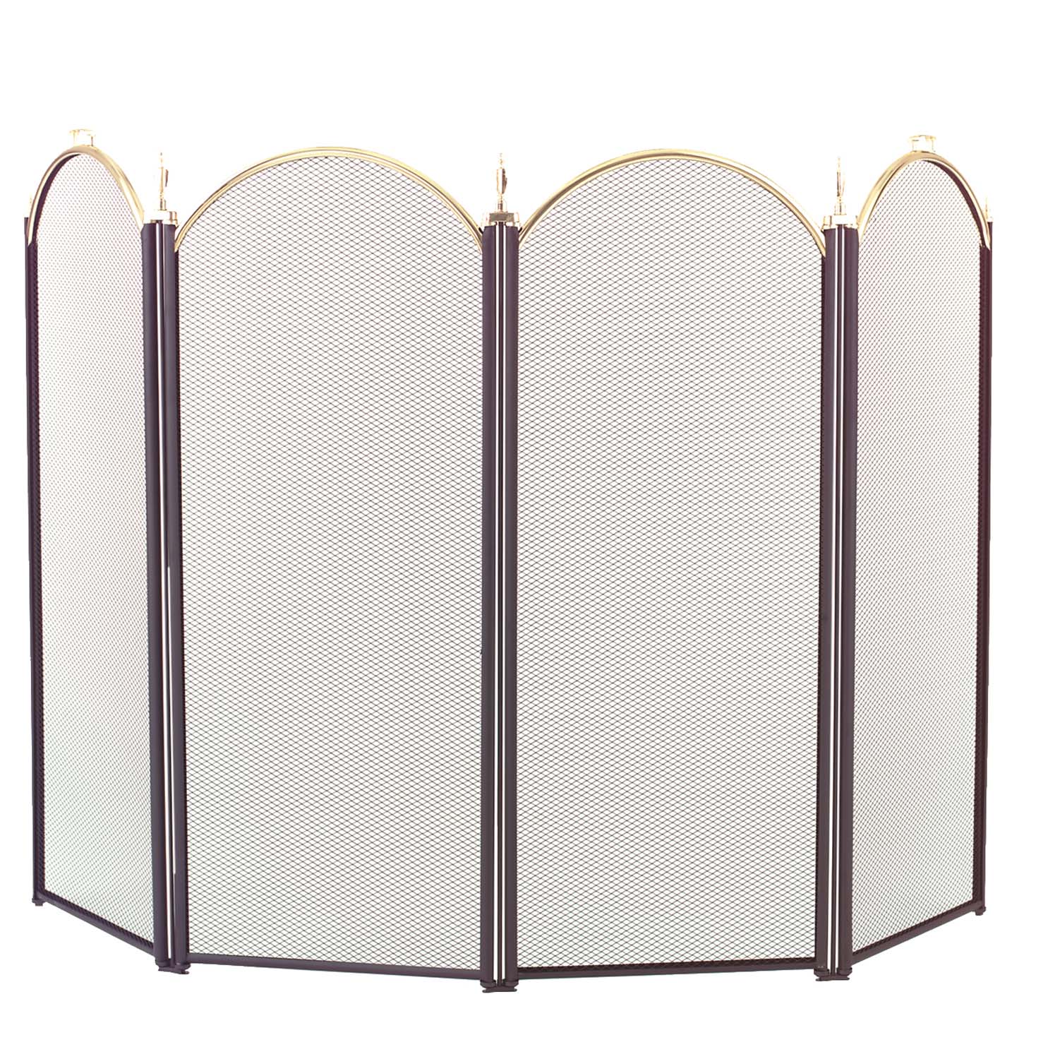 Four-fold arched fireplace screen with black frame, polished brass posts, and mesh panels.
