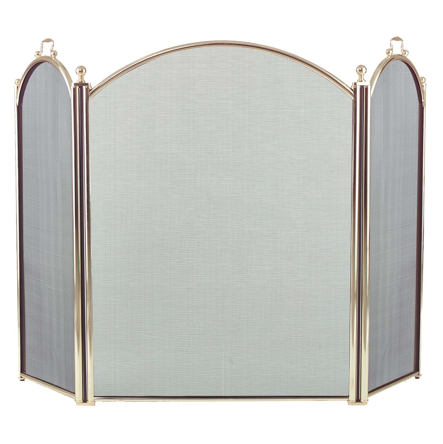 Polished brass arched three-fold fireplace screen with mesh panels
