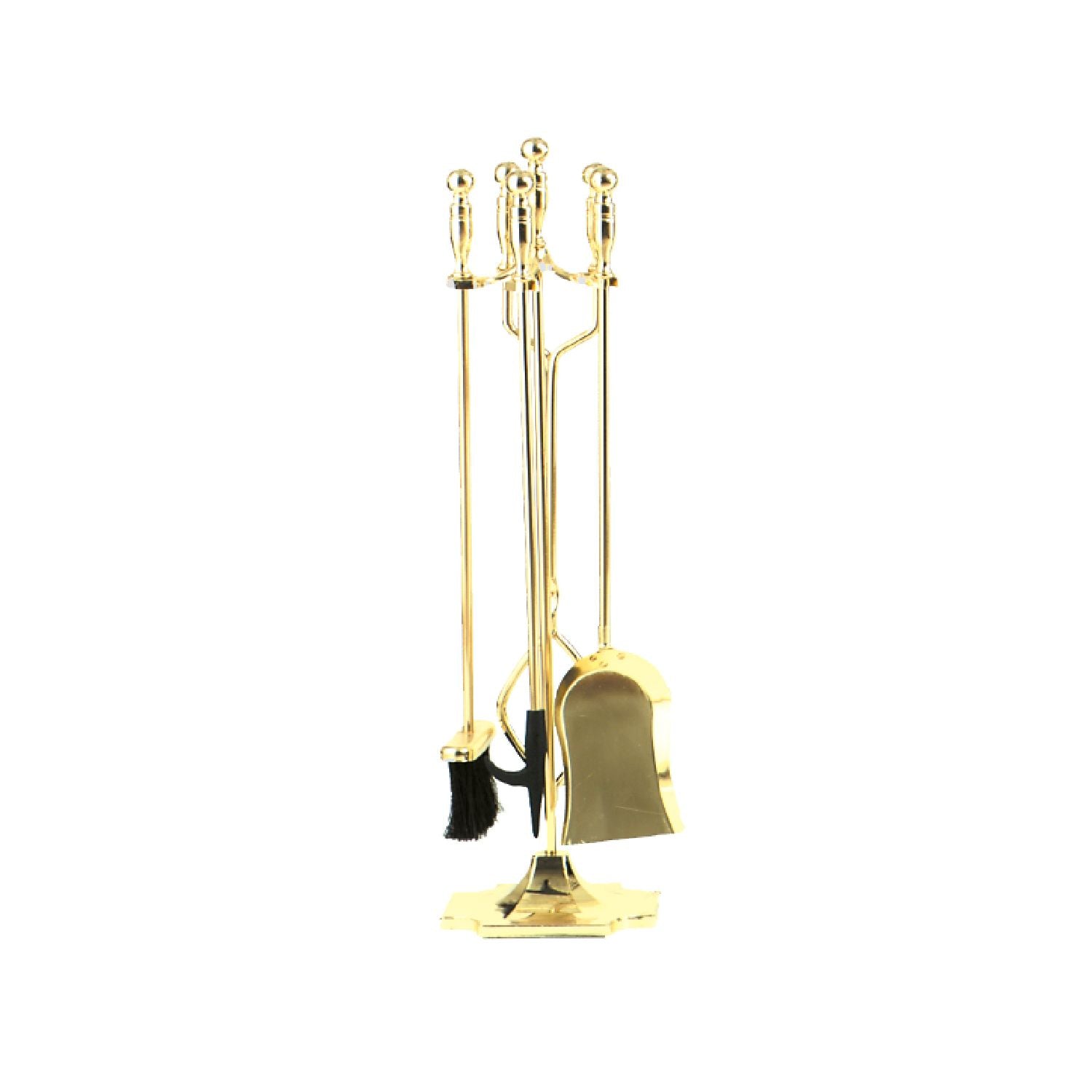 Polished brass five-piece fireplace tool set with stand and tools