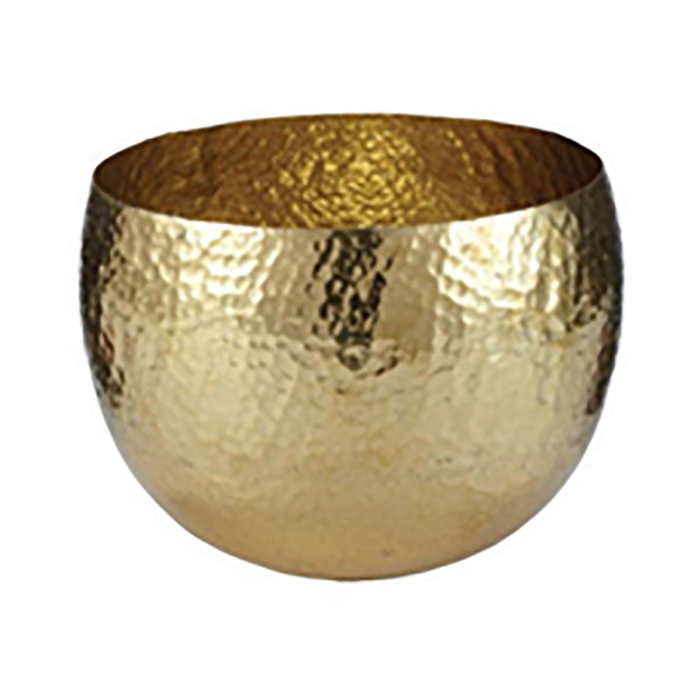 Hammered brass log bucket, round bowl shape with burnished gold tone