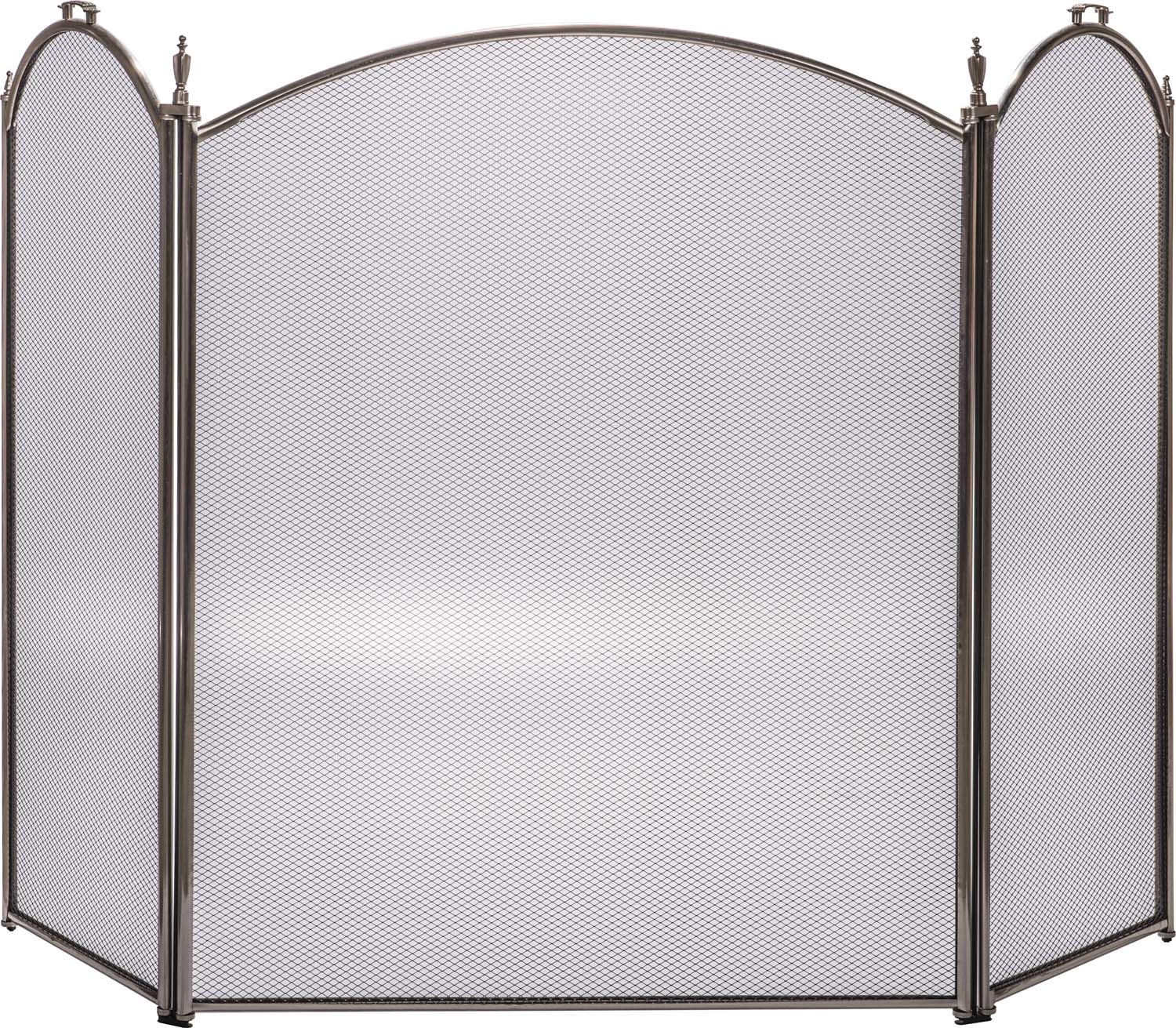 Three-fold arched fireplace screen with pewter frame and mesh panels