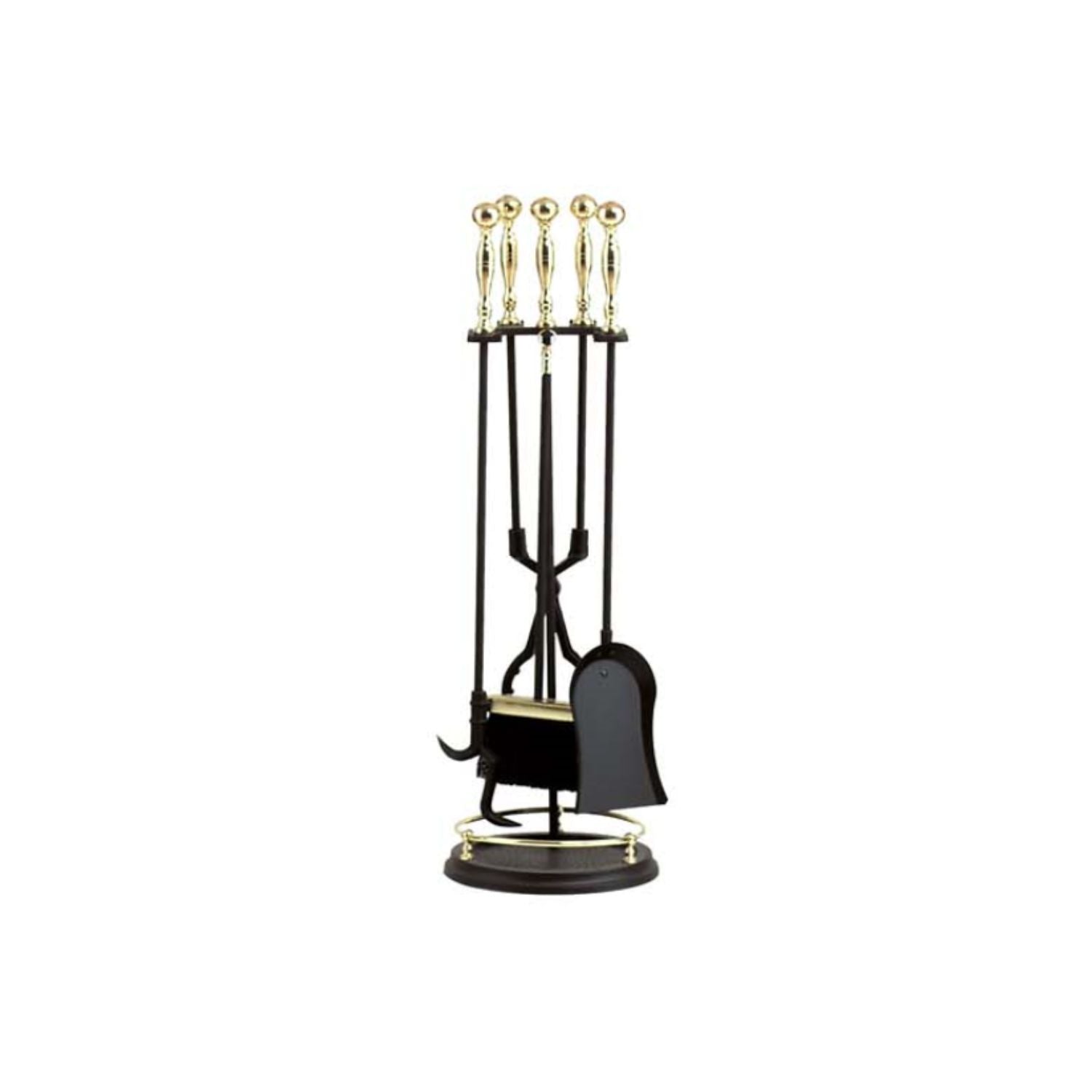 Five-piece fireplace tool set with black stand and polished brass handles