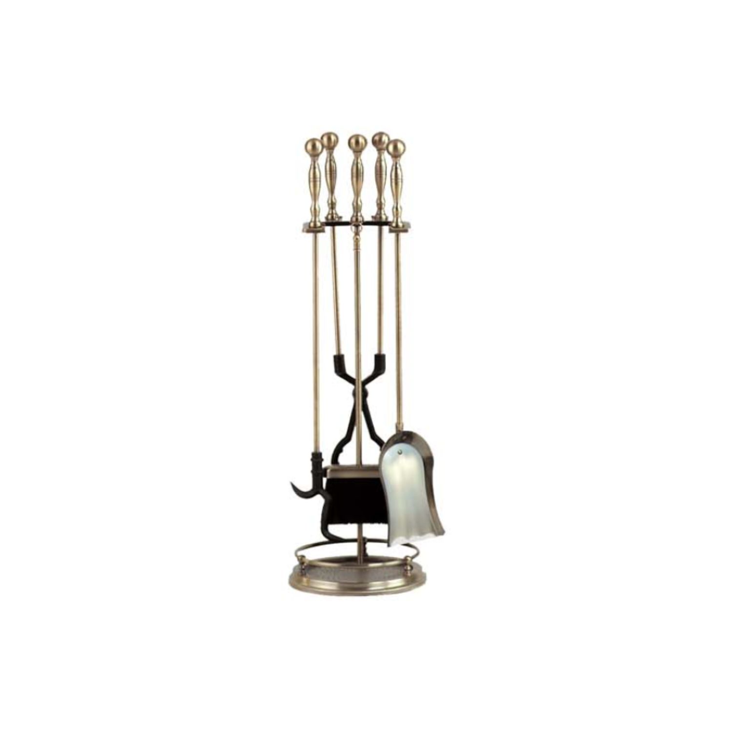 Five-piece fireplace tool set with antique brass stand and utensil tools
