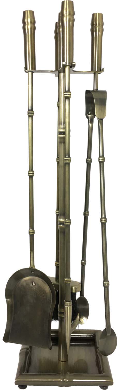 Antique brass five-piece fireplace tool set with stand and hanging tools