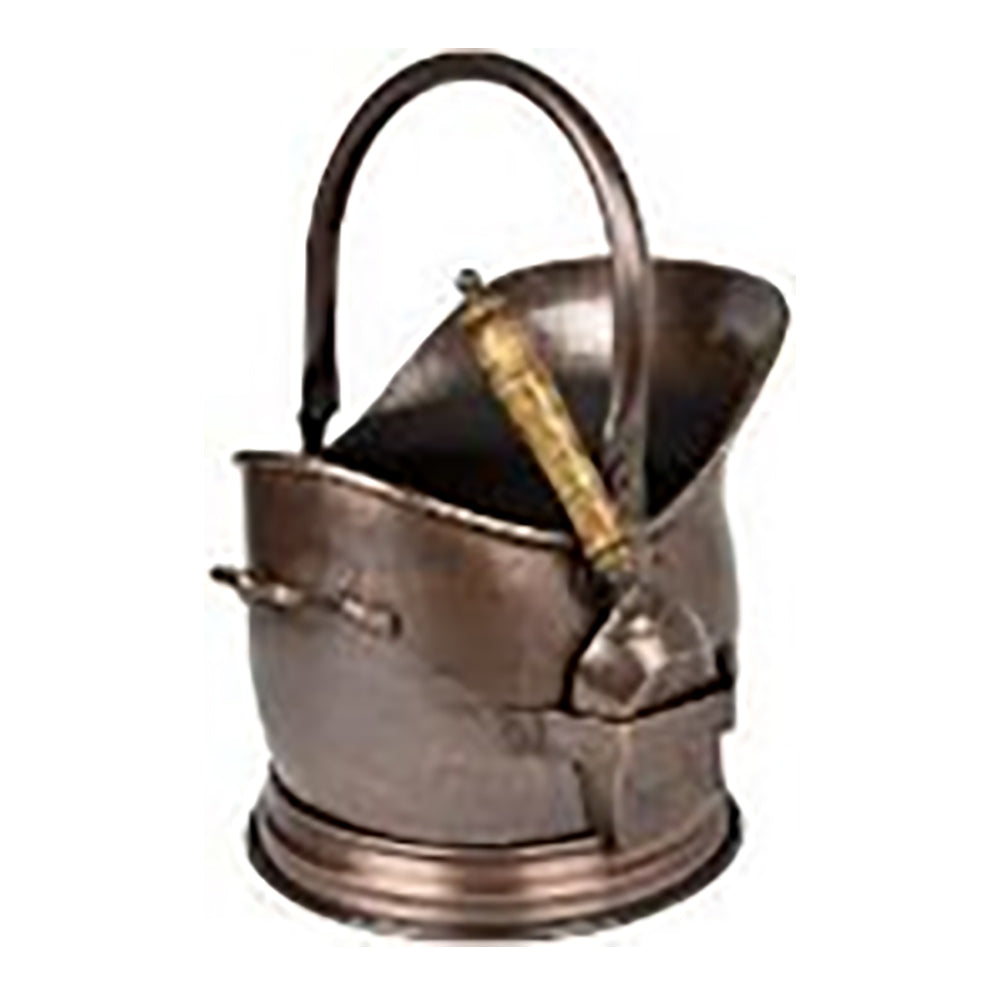 Antique brass coal hod with shovel and curved handle
