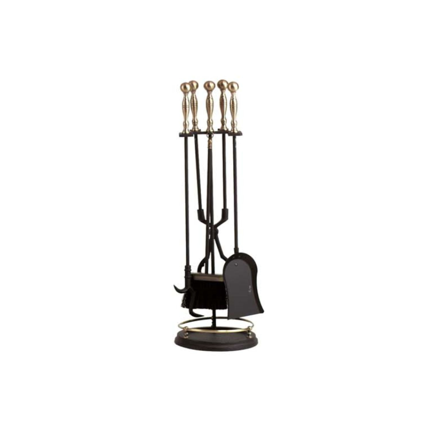 Fireplace tool set with five black-handled tools and antique brass finials on stand