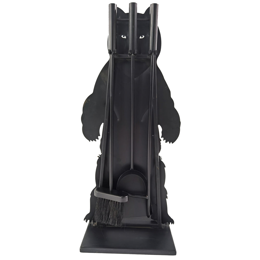 Black bear steel fireset with four fireplace tools in stand and bear sculpted frame