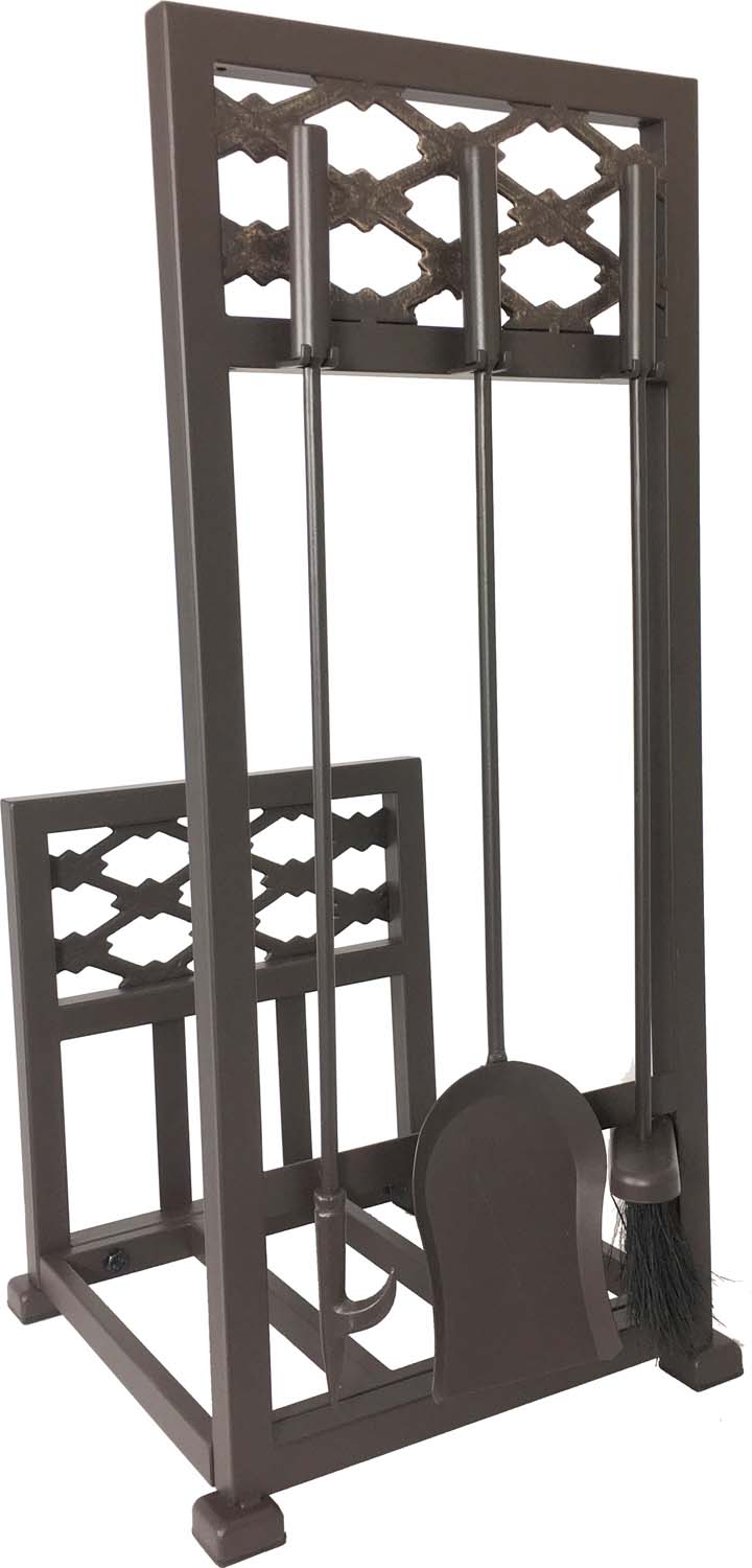 Bronze fireplace log rack stand with four attached fireplace tools