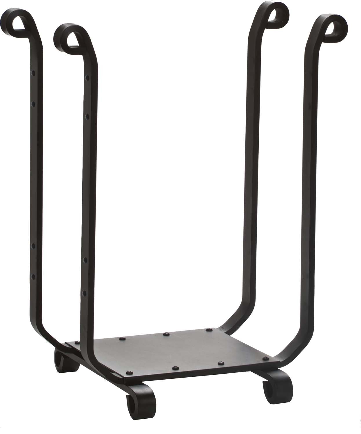 Black metal log rack with curved legs, base platform and wheels