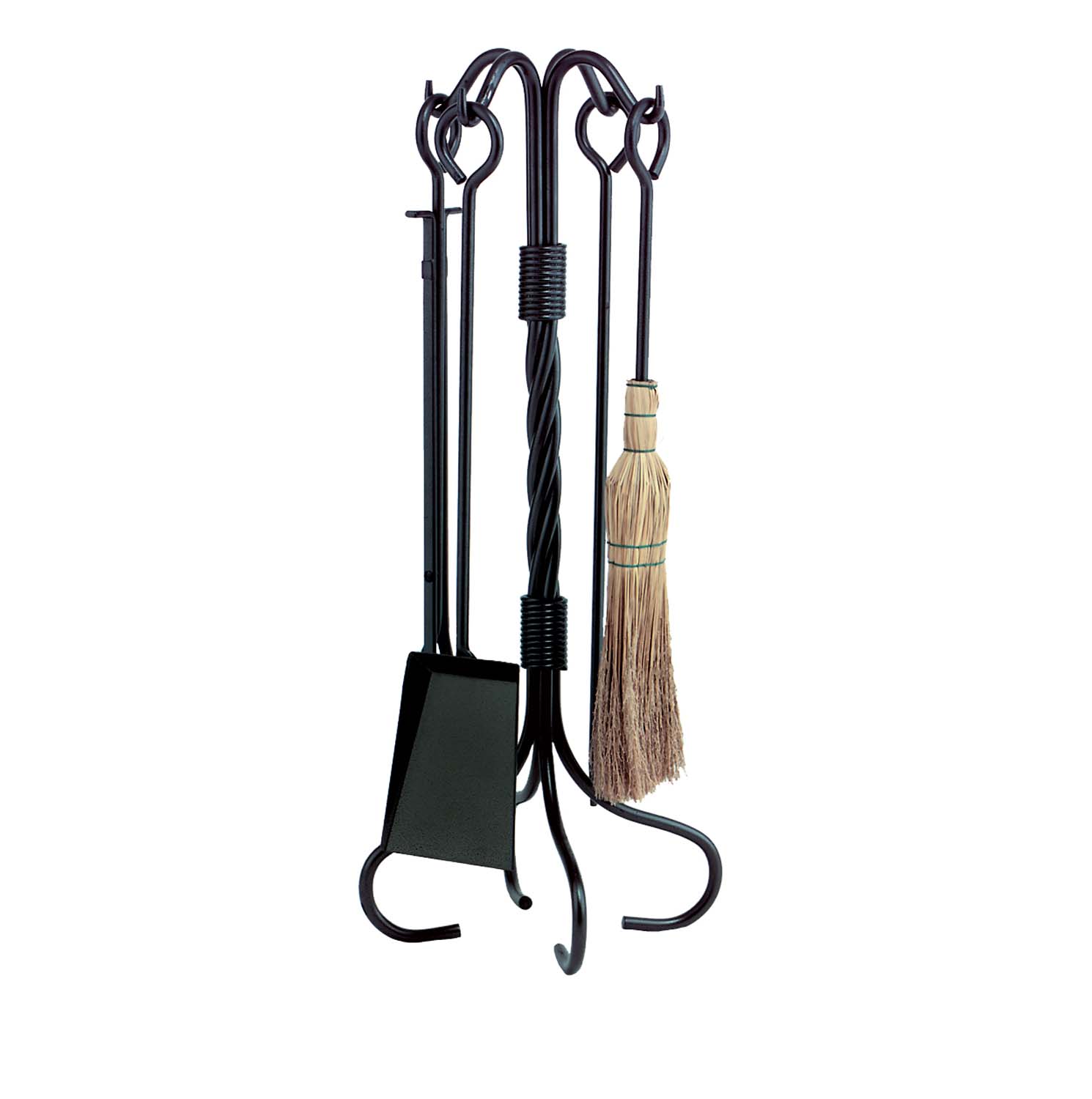 Black wrought iron fireplace tool set with stand and hanging tools, including brush