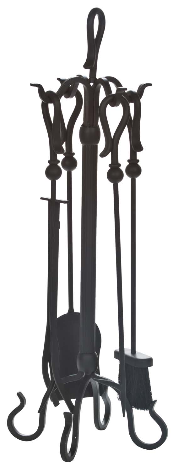Five-piece wrought iron fireplace tool set with stand and black tools