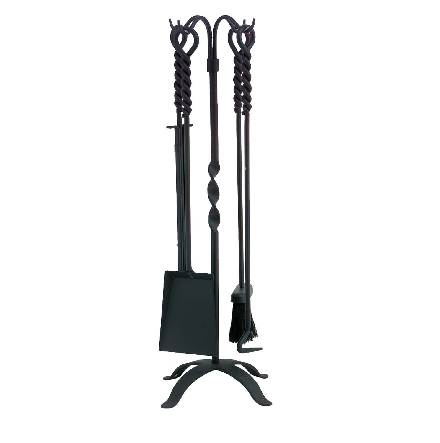 Black wrought iron fireplace tool set with stand and long spiral-handled tools