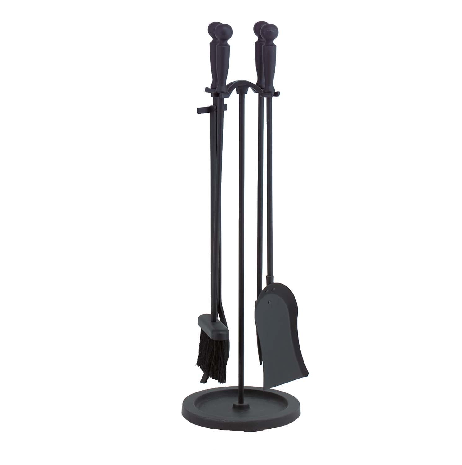 Black fireplace tool set with stand and poker, shovel and brush tools