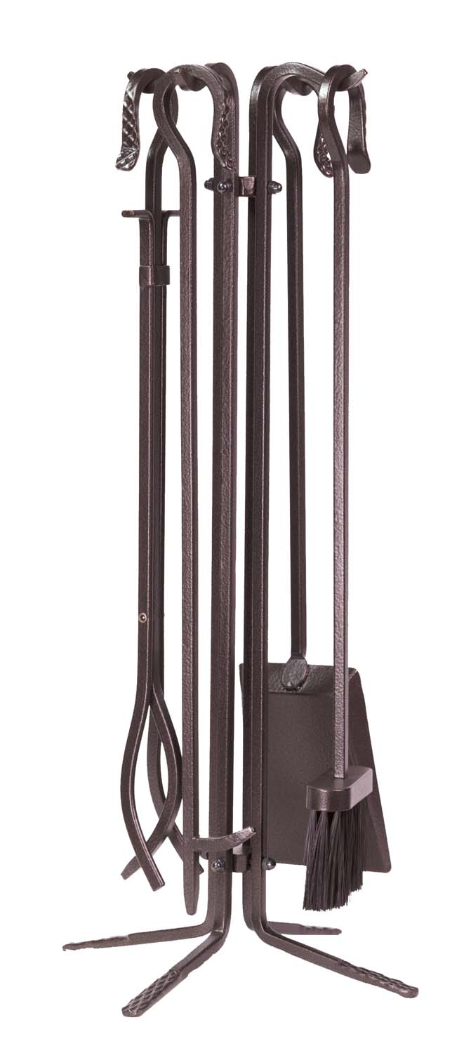 Bronze wrought iron fireplace tool set with stand and five tools, decorative hooks