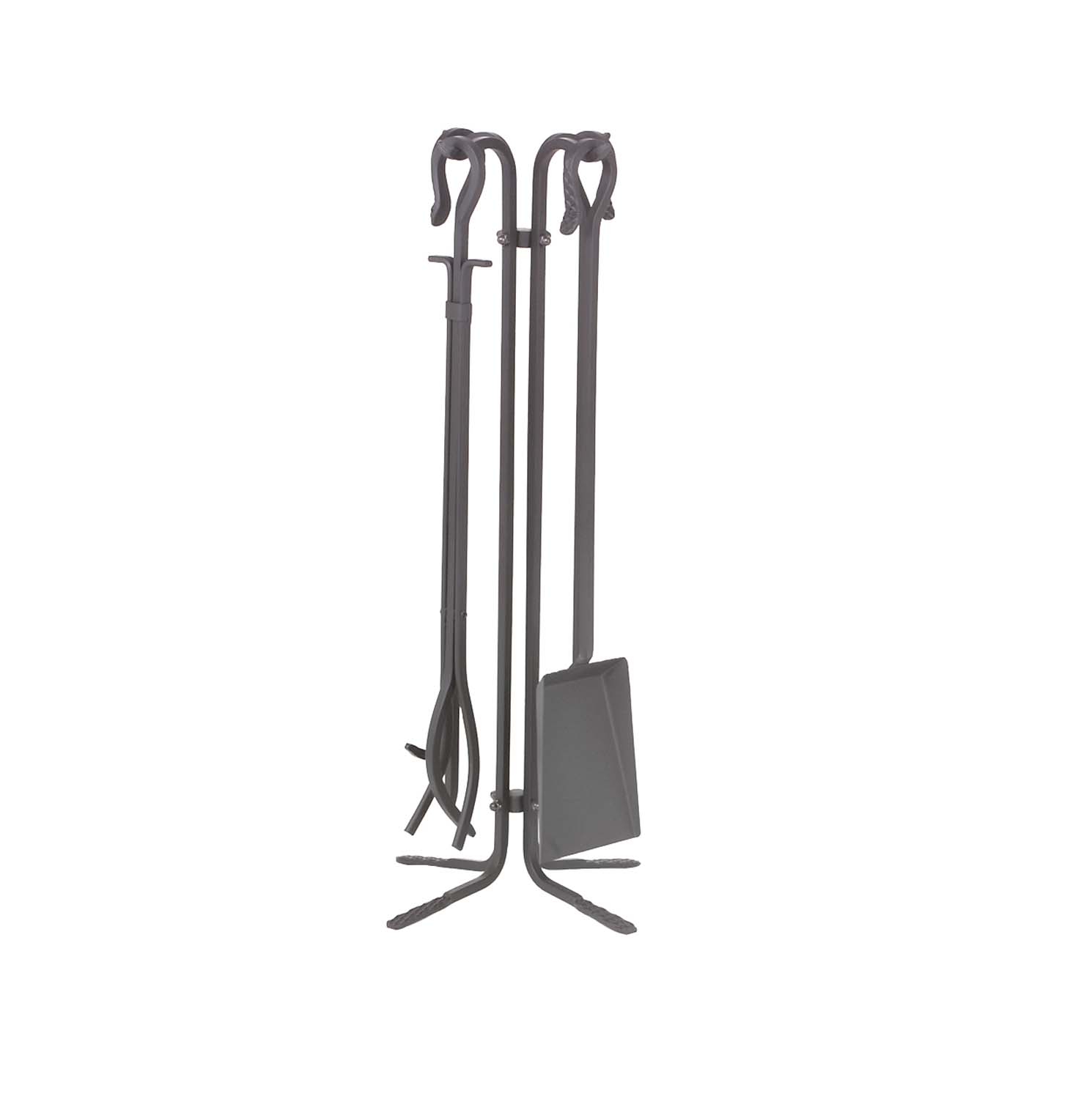 Black wrought iron fireplace tool set with stand and three tools