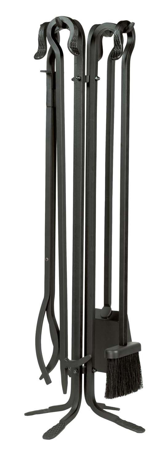Black wrought iron fireplace tool set with stand, five-piece tools and brush