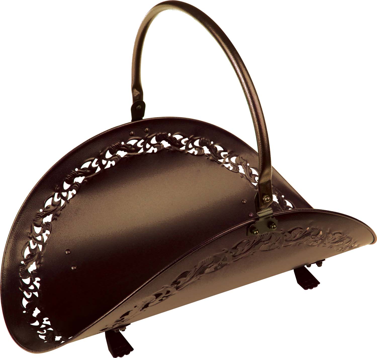 Bronze wood basket with arched handle and pierced side design, dark brown finish