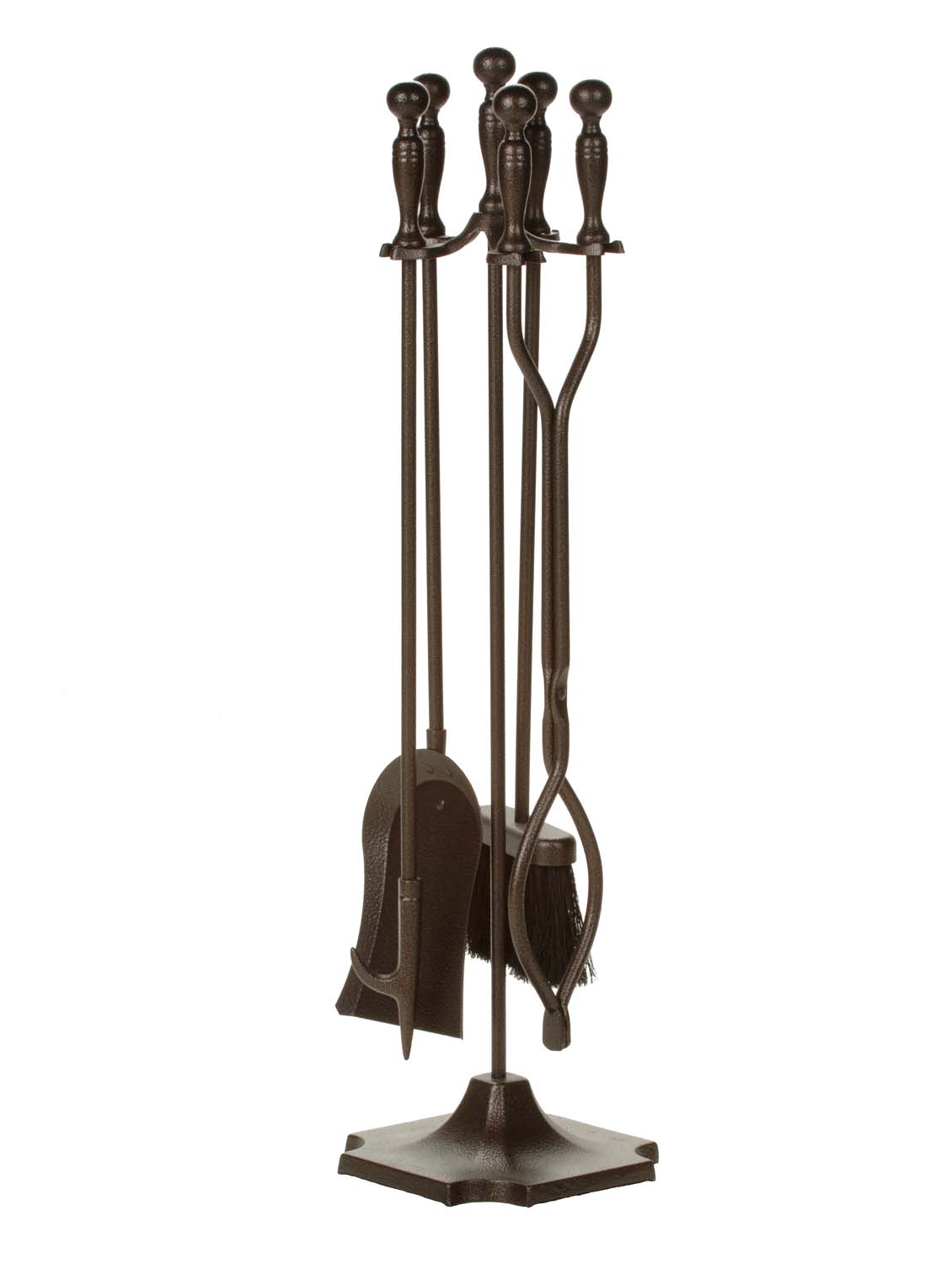 Bronze fireplace tool set on stand with hooked poker, shovel, brush, and tongs