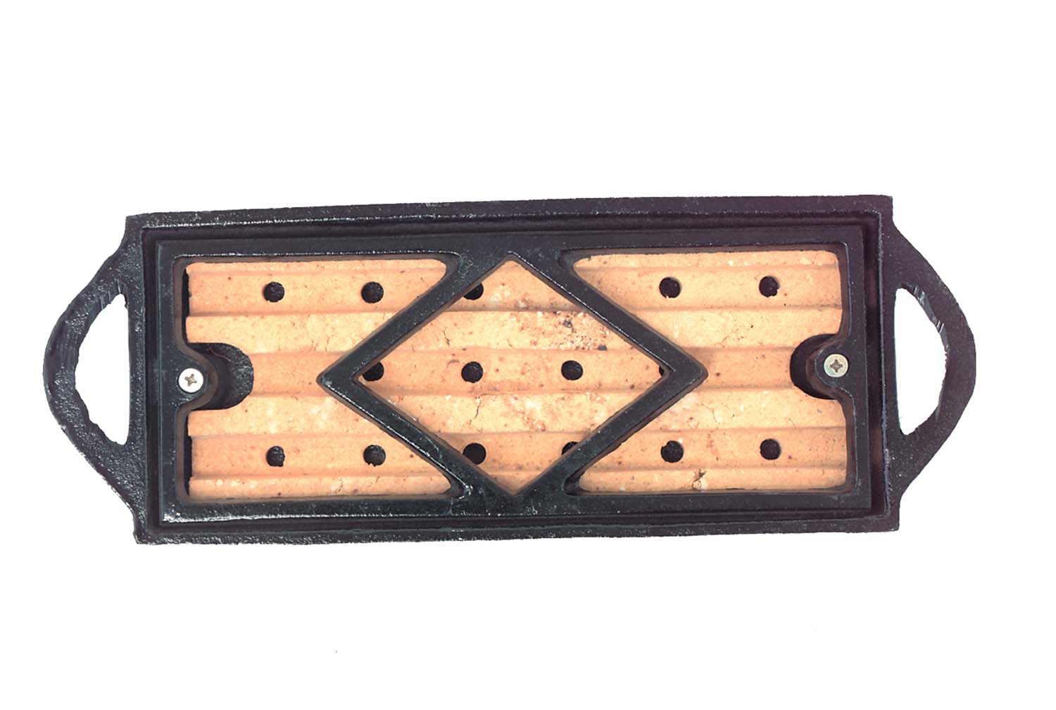 Black metal fire starter with soapstone bars and diamond cutout