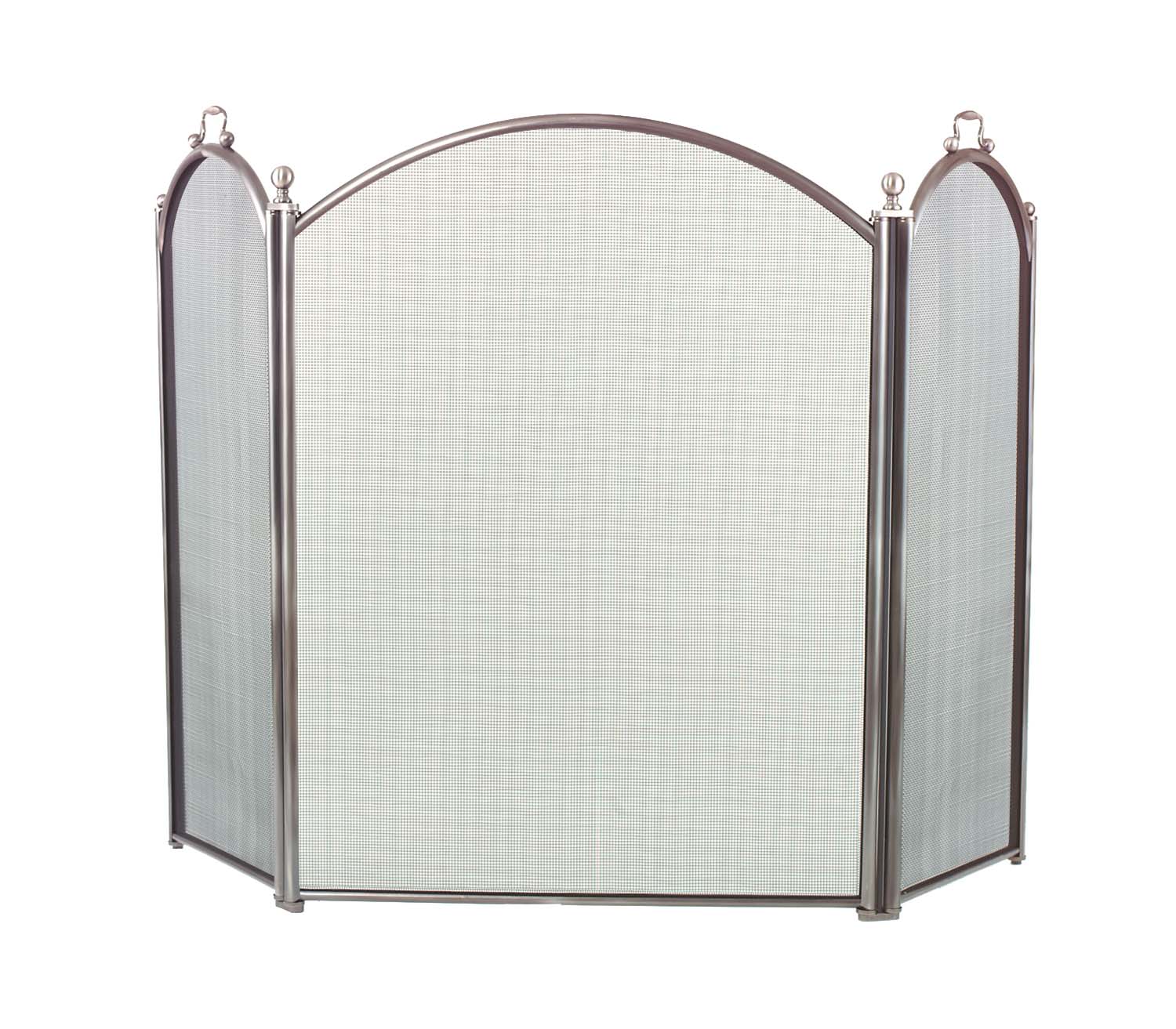 Three-fold arched fireplace screen with pewter frame and light fabric mesh panels