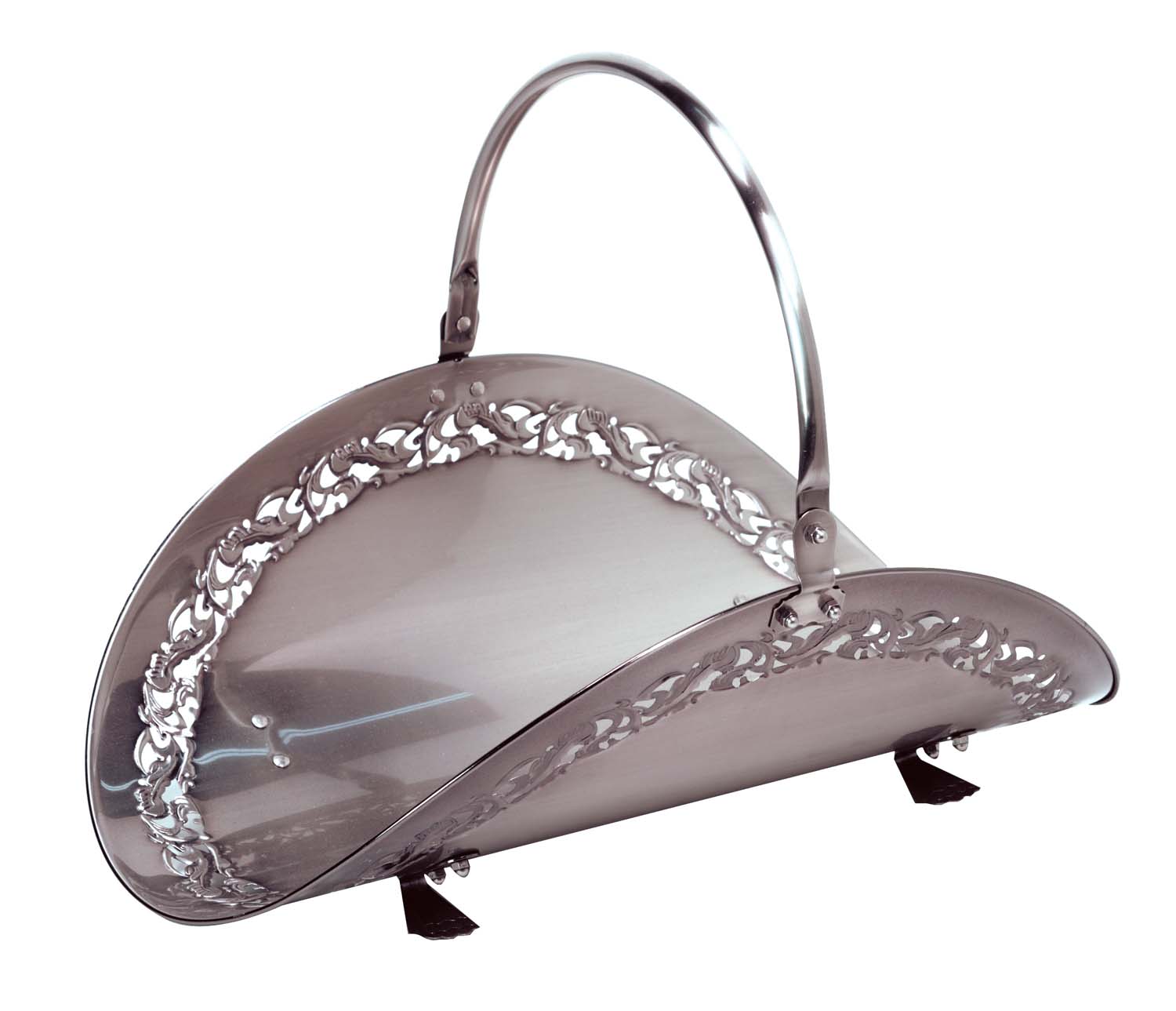 Pewter wood basket with arched handle and decorative metal rim, open top