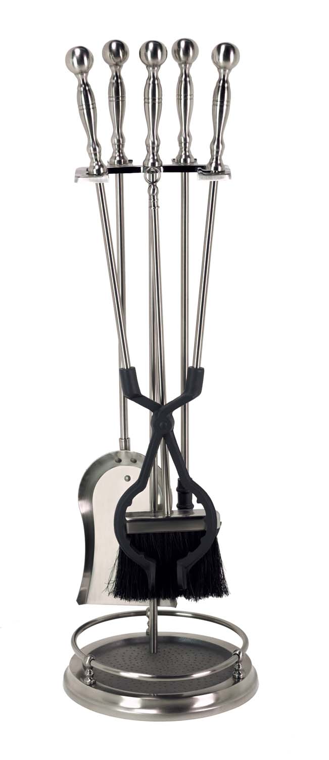 Pewter fireplace tool set with five tools on round base and brush